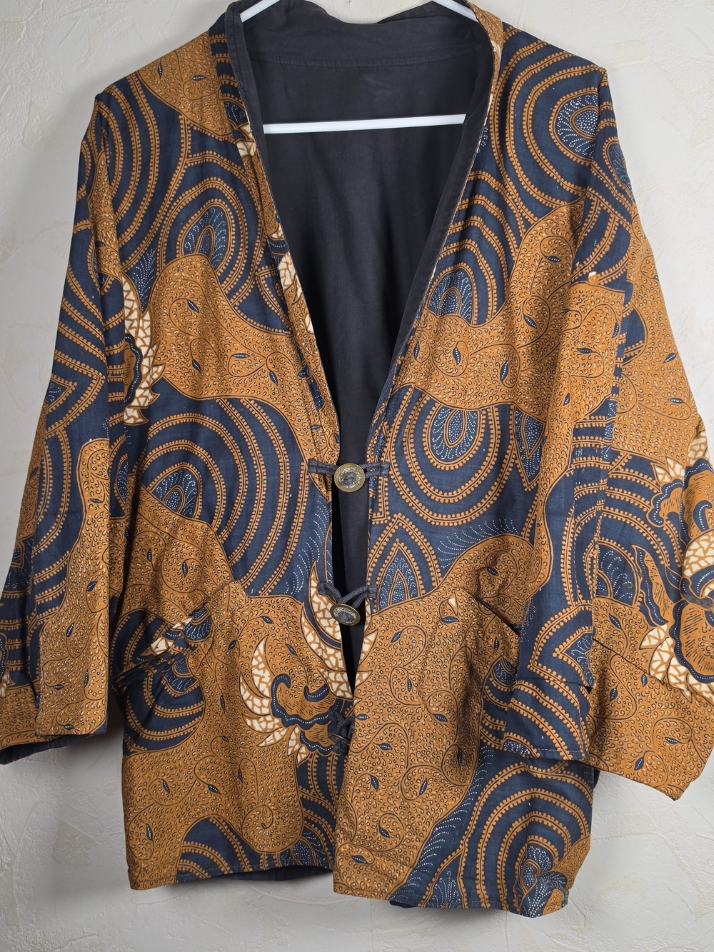 Boho Earth Tone Batik Haori Coat | Brown & Navy Patterned Kimono Jacket One size